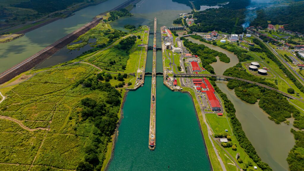 Panama Canal with cargo ships in transit